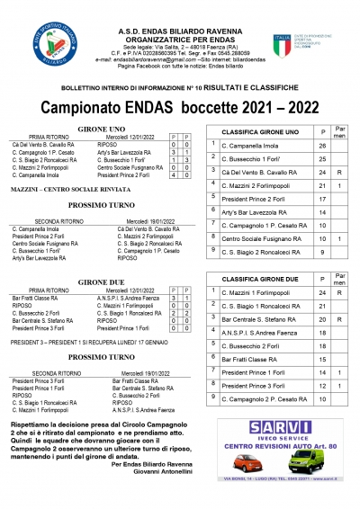 Bollettino n.10 Campionati 2021-2022