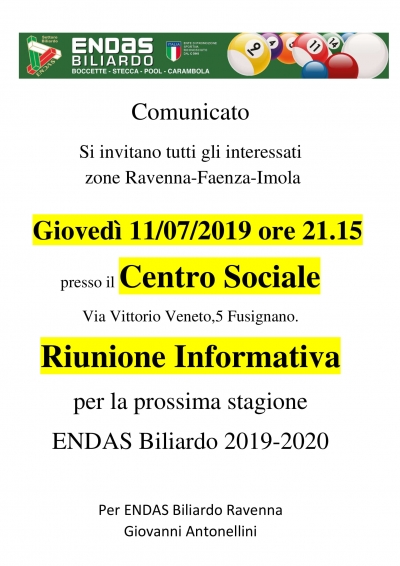 Riunione Informativa per stagione 2019-2020 zona Ravenna-Faenza-Imola