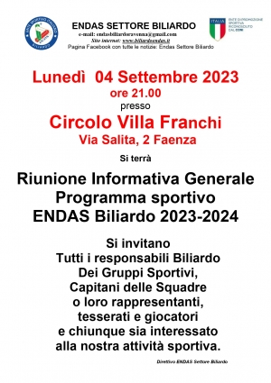 Riunione Informativa Generale per stagione ENDAS Biliardo 2023-2024
